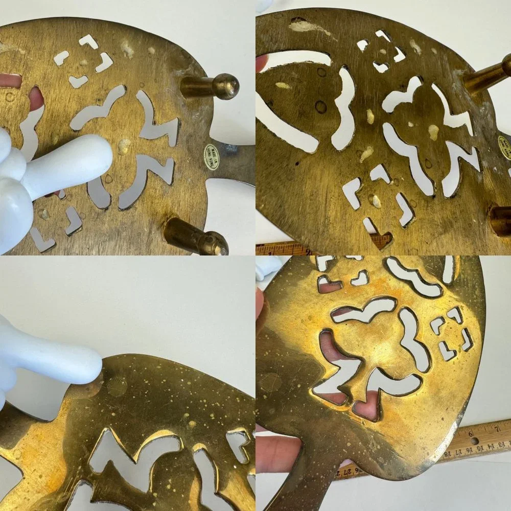 Vtg Gold Plated Colored Footed Trivet Spade Shape w Clover‎ Made in Hong Kong